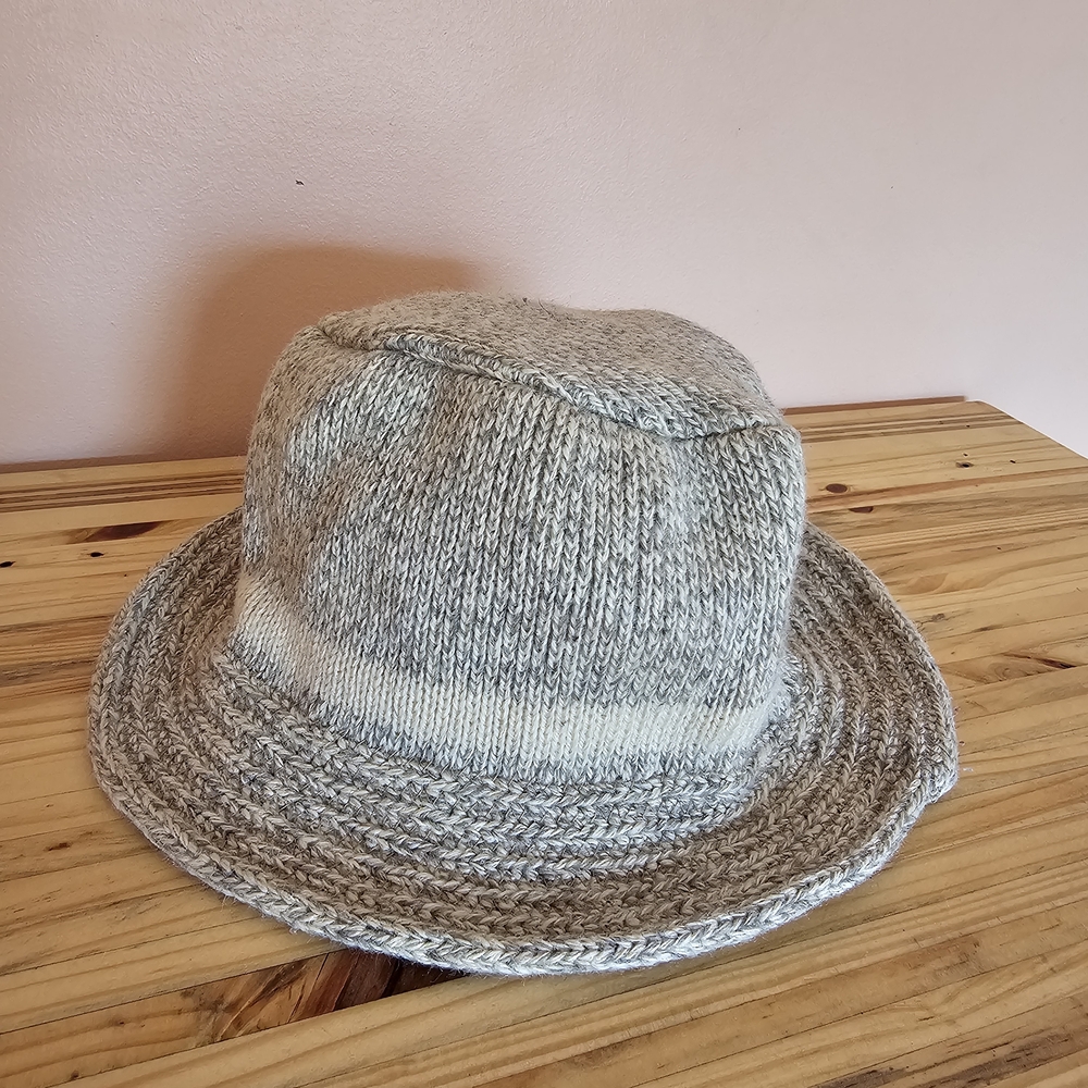 Knitted Wool Blend Unisex Bucket Hat in Heather Gray and Cream Fits Like Small